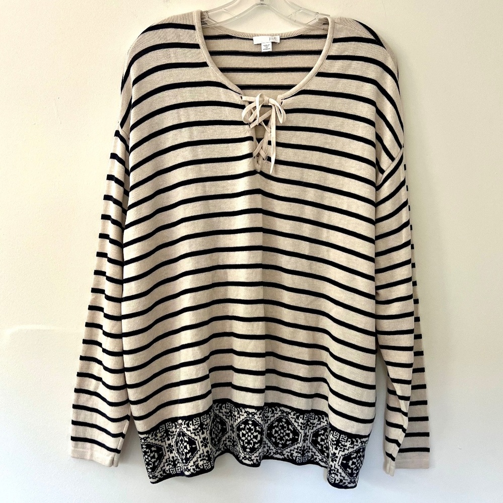 J. Jill Nautical Navy Striped Coastal Deco border lace up Lt. Weight Sweater